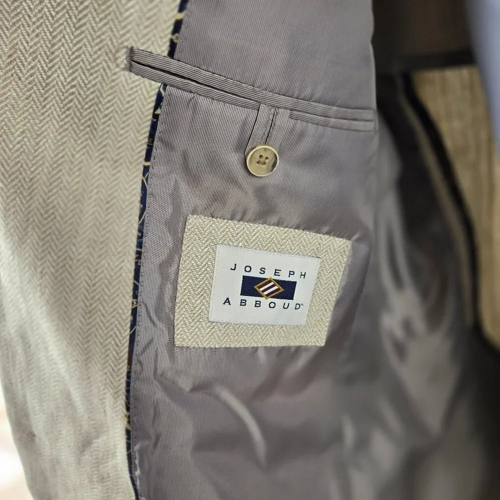 Joseph Abboud Sz 40 Regular 100% Linen Cream Colored Blazer 2 Button Herringbone